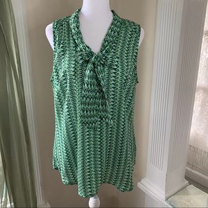 Roz & Ali vibrant green geometric pattern sleeveless blouse with neck bow tie